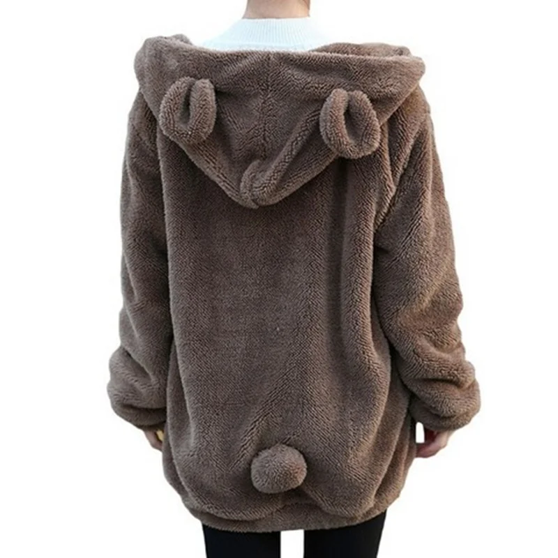 

Fashion Women 'S Soft Bear Ears Tail Cartoon Plush Sweatshirt Long -Sleeved Round Neck Hooded Casual Jacket Female