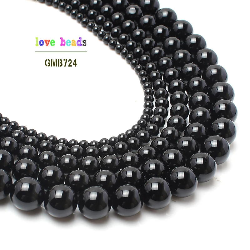 wholesale Natural Stone Beads Smooth Round Black Agates Onyx Loose Beads For Jewelry Making Pick Size 2/3/4/6/8/10/12/1mm