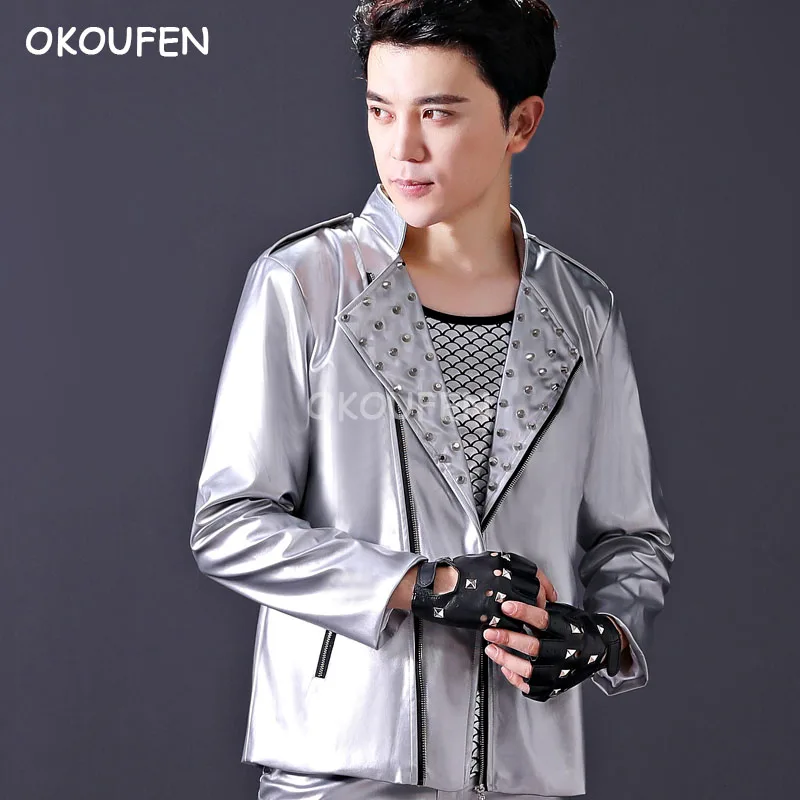 Personality Korean Silver Rivets Jacket Hiphop Jazz Dance wear Nightclub Bar Male Singer Host Stage Costume