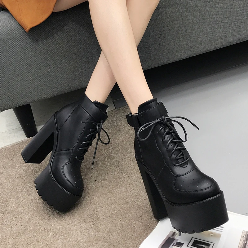 Gdgydh Hot Sale Russian Shoes Black Platform Boots Women Zipper Autumn High Heels Shoes Lace Up Ankle Boots White Rubber Sole