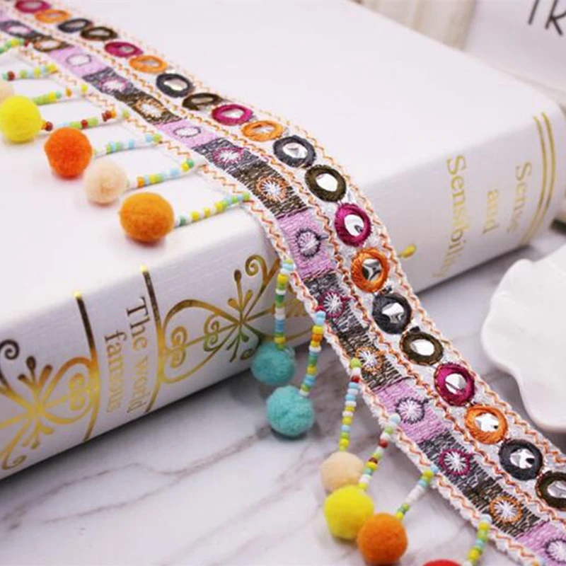 Beads Tassel Lace Trim Bohemian Style Mirror Ribbon Pompom Trim Sewing On Clothes Bag Crafts Accessories Fringe Braid Ribbon