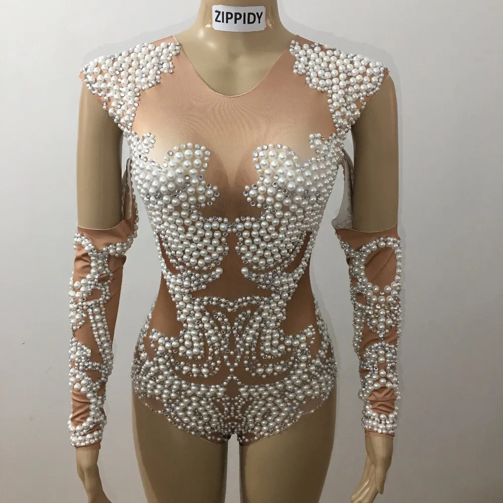 

2017 Sexy Pearls Long Sleeves Bodysuit Women's Outfit Pary Dance Body suit Nightclub Costume Female Singer Leotard Wear