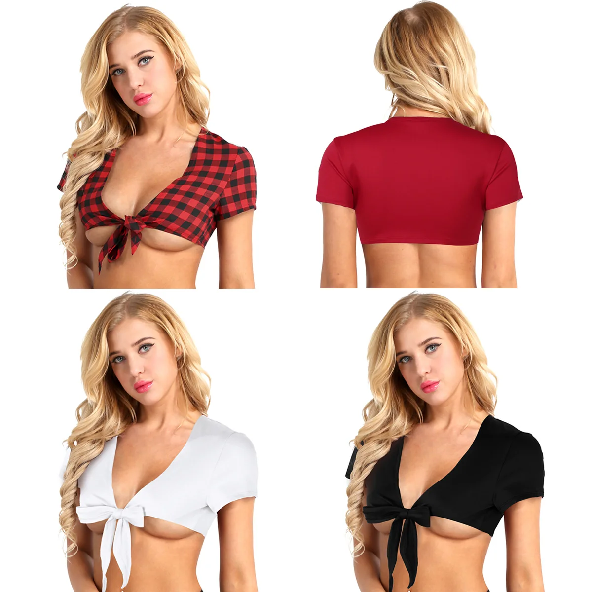 Women Short Sleeve Deep V Plunge Open Front Tie Up Bolero Cardigan Crop Top Shrug Sexy Shirt for Sexy Costumes Night Clubwear