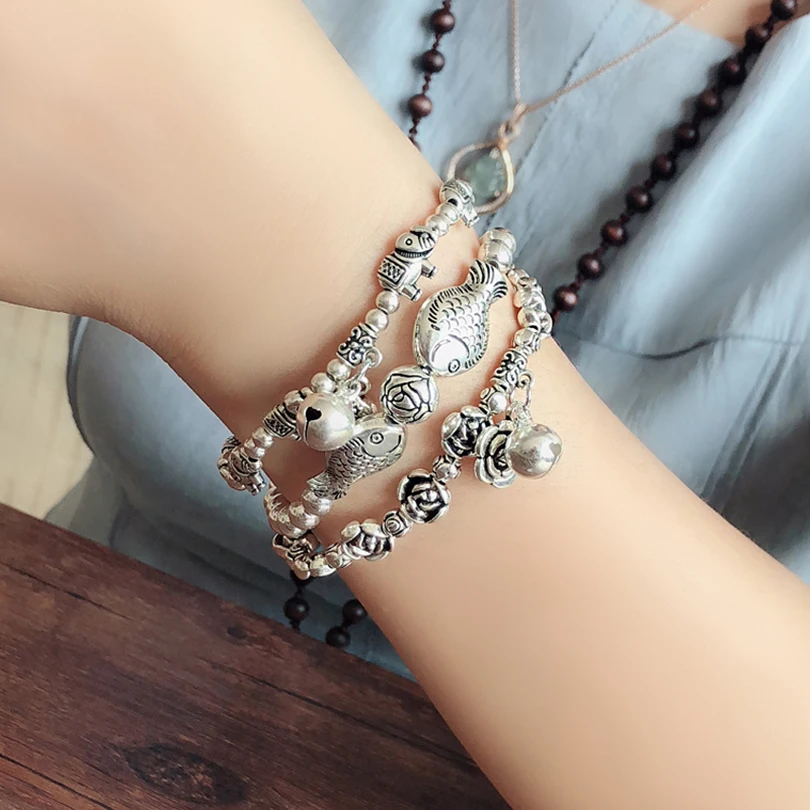 Vintage Beads Bracelet Antique Silver Plated Fish Elaphant Flower Bell Bracelts Handmade Elastic Jewelry Gifts