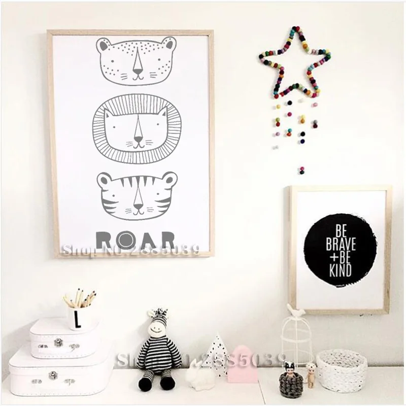 Cartoon Lion Tiger Roar Wall Mural Stickers Boys Tribal Monochrome Nursery Bedroom Wall Decal Kids Room DIY Self-Adhesive LC495