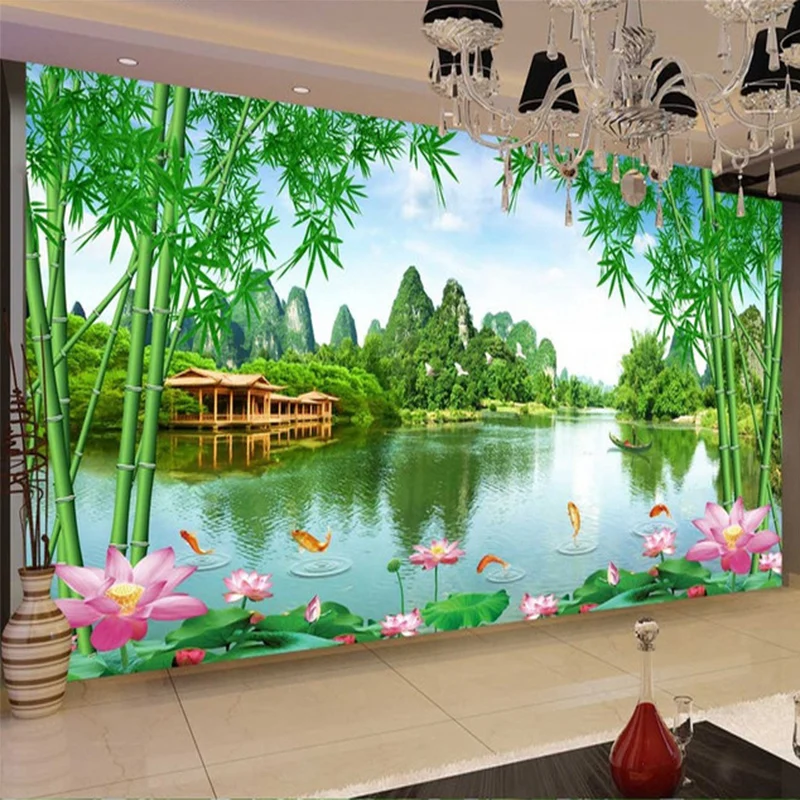 Custom Foto Tapete 3D Bambus Lotus Natur Landschaft Wandmalereien Wohnzimmer TV Sofa Hintergrund Wand Dekor Papel De Parede 3 D Sala