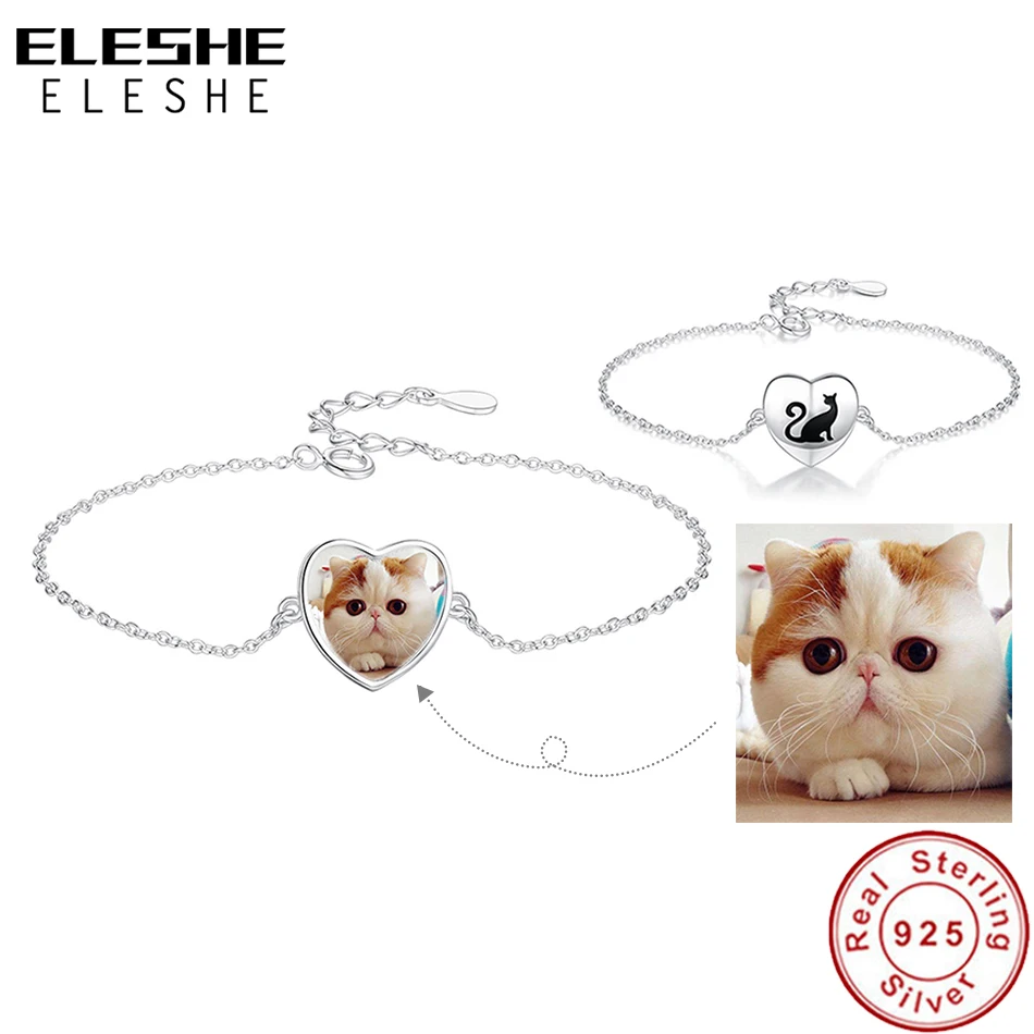 ELESHE 925 Sterling Silver Black Enamel Naughty Cat In Heart Charm Bracelet&Bangle for Women Personalized Custom Photo Jewelry