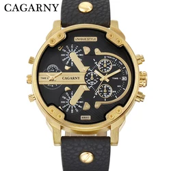 Luxury Cagarny Quartz Watch Men Black Leather Strap Golden Case Dual Times Military dz Relogio Masculino Casual Mens Watches Man