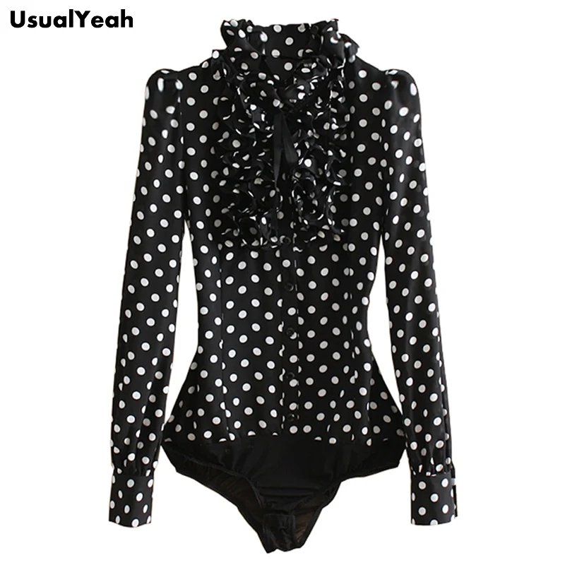 New  Hot Fashion Korea Style Vintage Chiffon Polka Dots Women\'s Body Blouse Tops Shirt Stand Collar Ruffles S M L XL SY0185