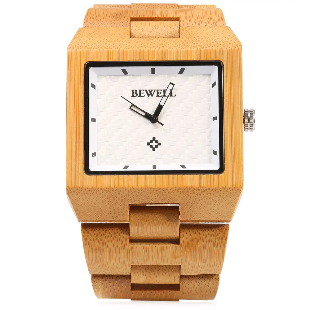 Bewell Wood Watch Men Fashion Wrist Watch, Wooden Band Rectangle Dial Analog Wristwatches, Water Resistant Casual Watches