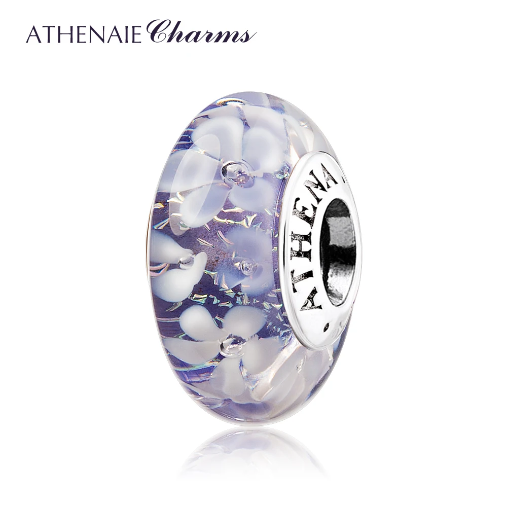 ATHENAIE Murano Glass 925 Silver Core Purple Flower Garden Bead Charms Color Purple Fit Bracelet for Girl Women Wedding Jewelry