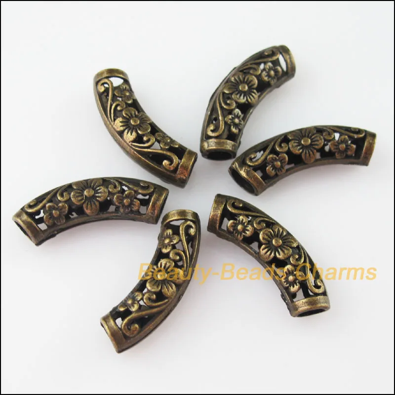 10 New Charms Wave Flower Tube Spacer Beads 9x25.5mm Antiqued Bronze Color