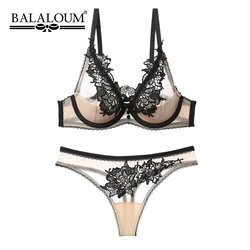 BALALOUM Half Transparent Women Sexy Lace Embroidery Bra and Panty Sets Push Up Brassiere Seamless T Back Thongs Female Lingerie