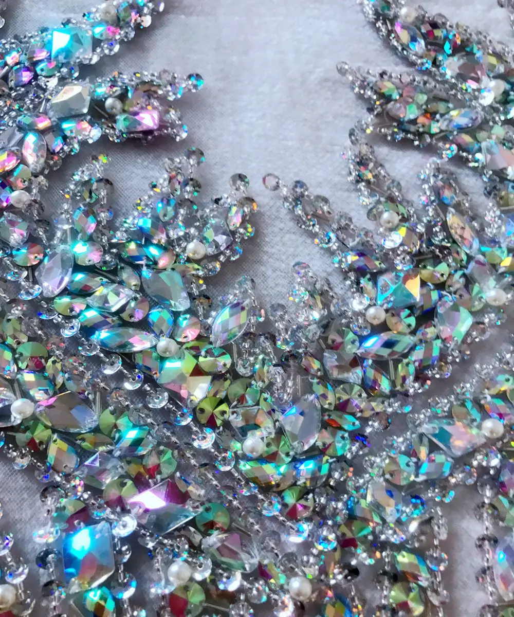 handmade sew on clear AB colour rhinestones applique on mesh sequins beads trim patches 65*34cm for dress DIY accessories