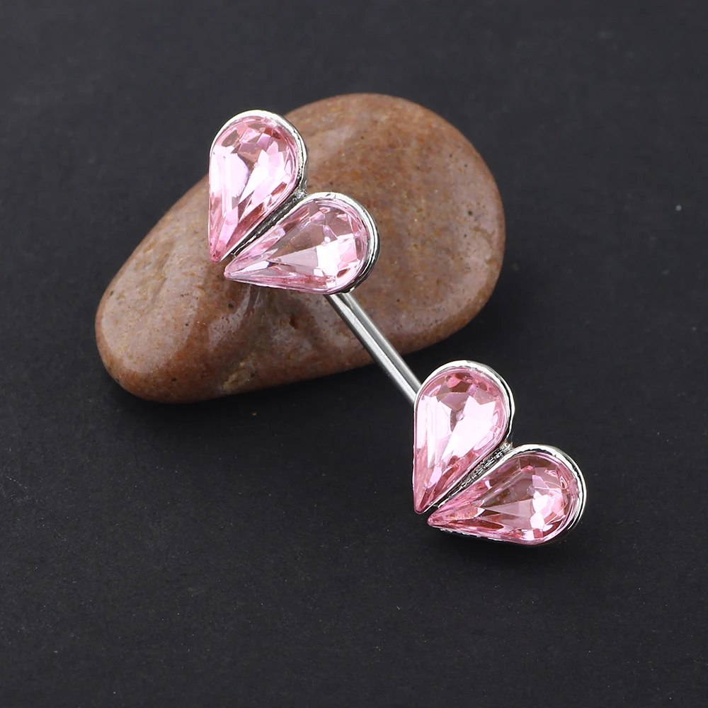 JUNLOWPY Steel Ear Bar Double Love Heart Pink Zircon Nipple Rings Barbells Body Piercing Jewelry for Women Girls Earring 20pcs