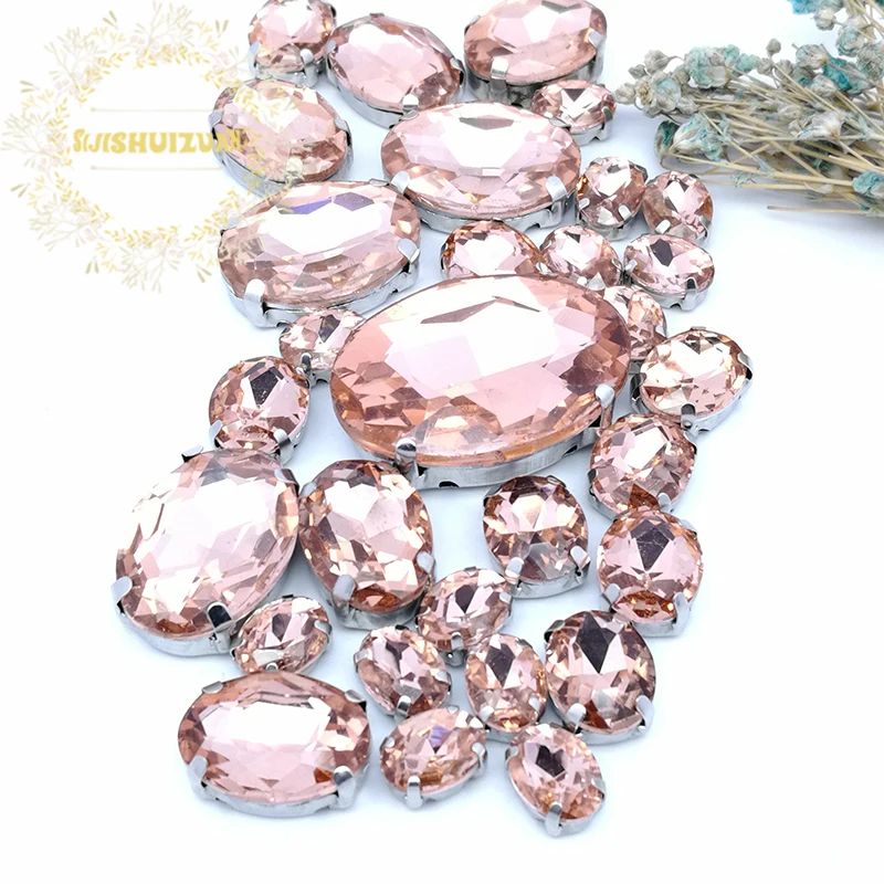 Silver claw setting 30pcs/bag Water red Oval shapes mix clear glass crystal sew on rhinestone wedding dress shoes bag diy trim
