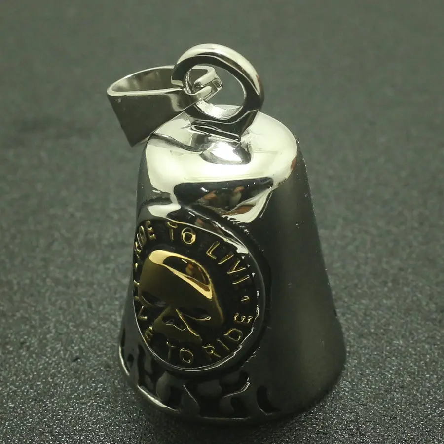 Cool Biker Jingle Bell 316L Stainlesss Steel Ghost Rider Flaming RIDE TO LIVE-LIVE TO RIDE Seketon Pendant