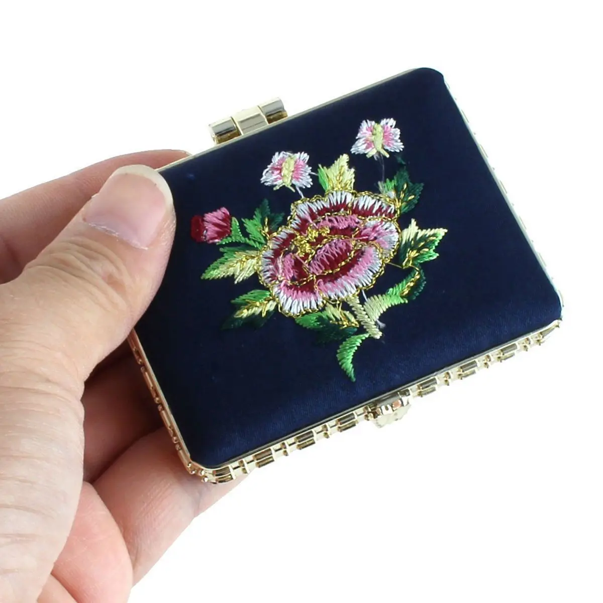 1pc Portable Rectangle Flower Embroidery Chinese Style Pocket Mirror Makeup Mirrors (Random Color)