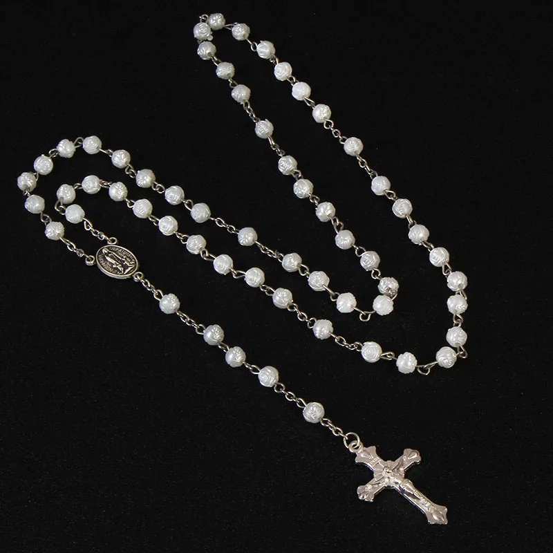 Hot White 6mm Rosary Fatima Rose Madonna Rosary Necklace Girl and Woman Cross Pendant Pink Halloween Gift Girl
