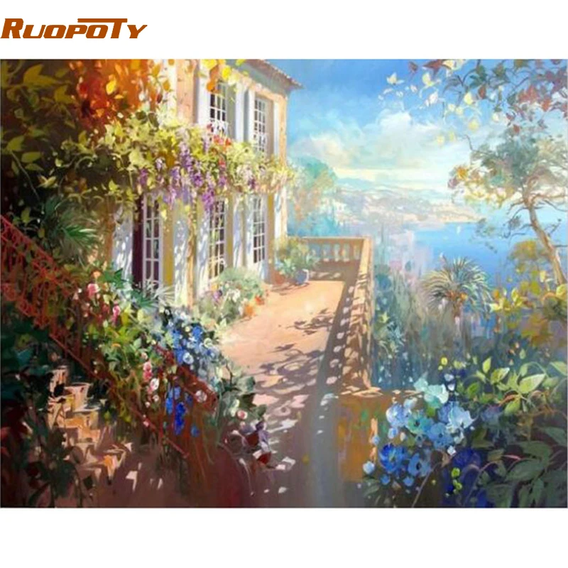 

RUOPOTY Frame Flower House DIY Painting By Number Landscape Handpainted Oil Painting Wall Art Picture Unique Gift For Home Decor