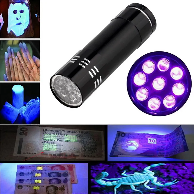 

500pcs LED lamp Violet 9 LED Flashlight Blacklight Torch Light Lamp Black Portable Mini Aluminum UV Ultra for Check the bill