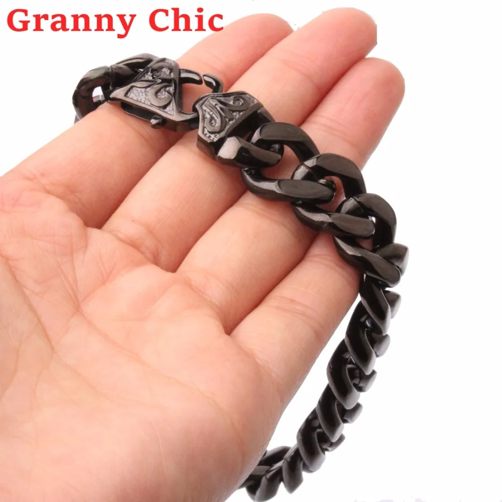 Granny Chic High Quality Jewelry Men Silver Rose Gold Black Color Cuban Link Chain Stainless Steel Bracelet for Bangle Accessory