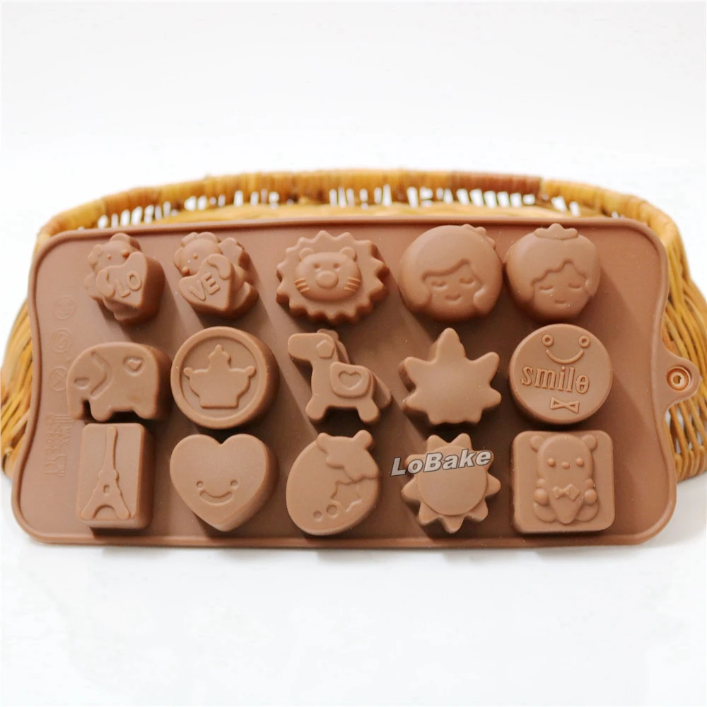 15 cavities 21*10.5cm cute doll girl cockhorse elephant fruit eiffel tower shape chocolate cake mold for DIY baking tools