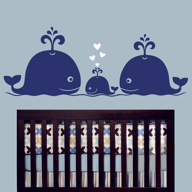 New Cute Whale Hearts Family Wall Decals Baby Nursery Decor Kids Room Wall Stickers Hipster Modern