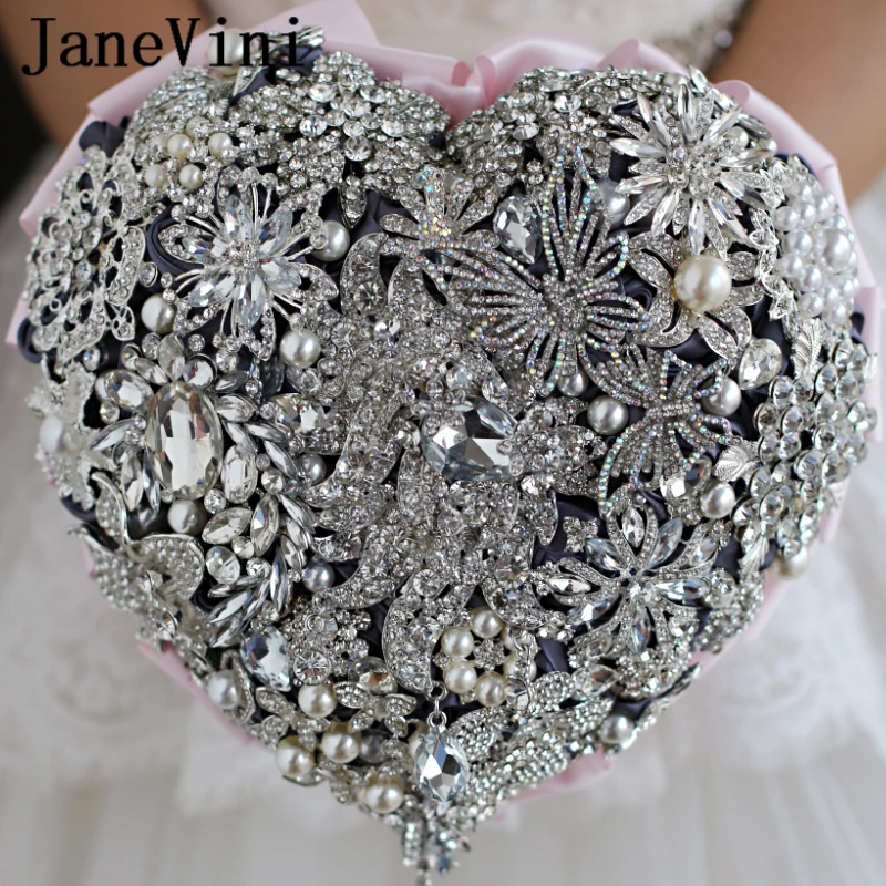 JaneVini Luxury Beaded Heart-shaped Pink Wedding Bouquets Sparkling Rhinestone Crystal Handmade Bridal Flowers Ramos De Flores