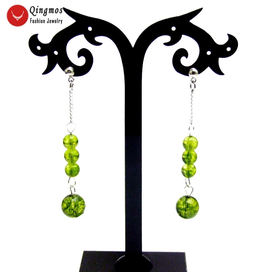 

Qingmos Natural Peridot Earring for Women with 6mm & 10mm Round Green Peridot Dangle Earring Fine Jewelry 2.5" ear719 Free Ship