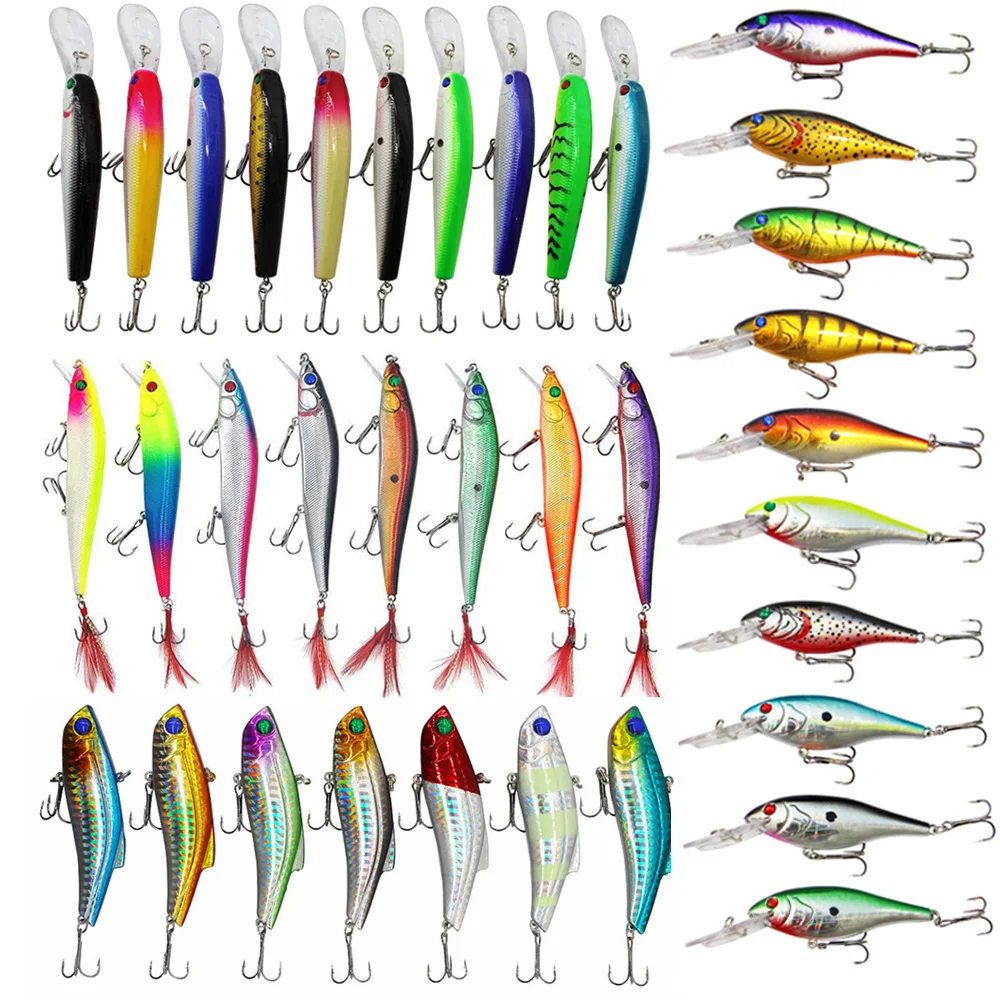 35pcs/Lot Minnow Hard Fishing Lure Bait Set Fishing Tackle Artificial Bait Crankbait With 3D Fishing Eyes Strong Treble Hooks