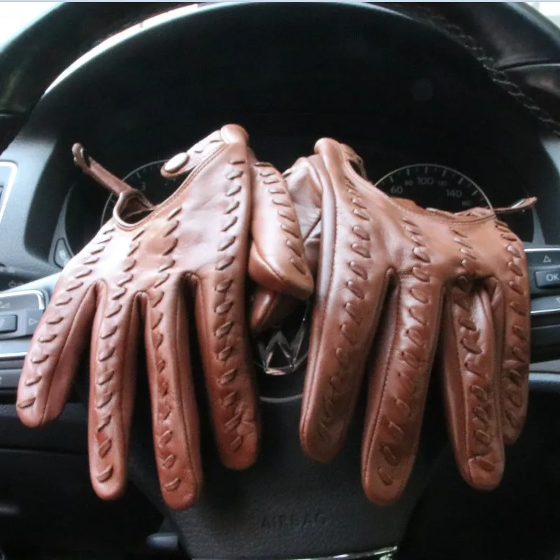 Men's Genuine Leather Gloves Locomotive Driving Unlined Imported Sheepskin Fashion Classic Gloves Male Mittens