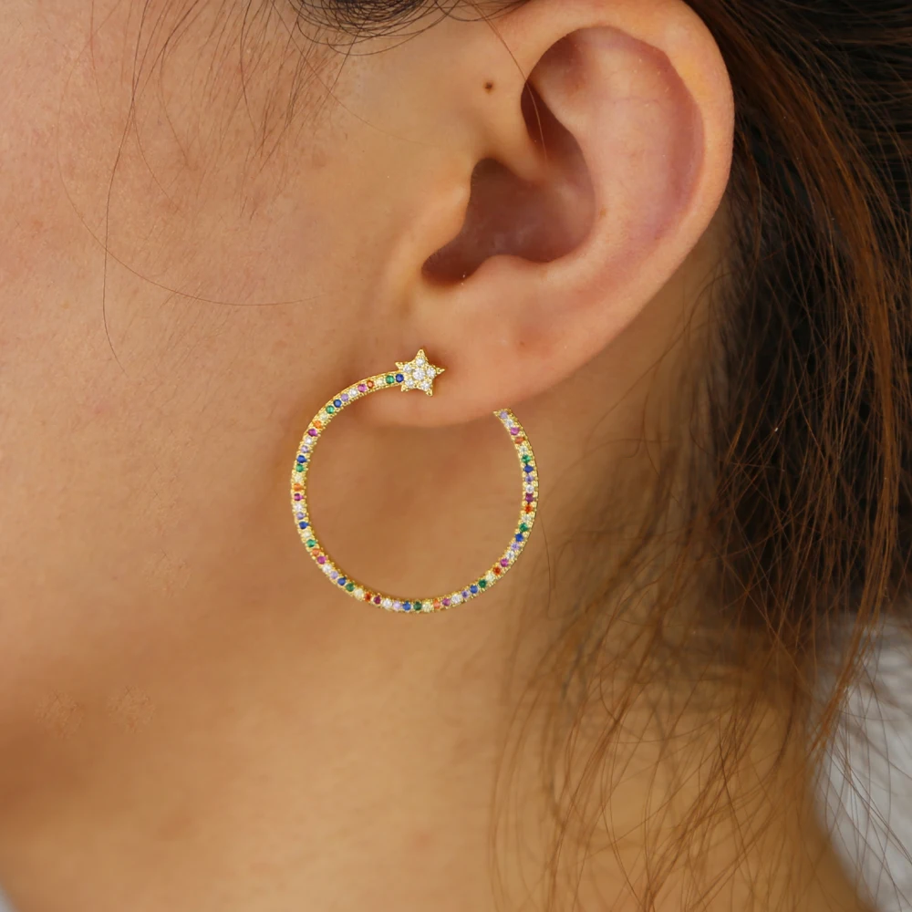 Bohemian Shiny Crystal Beads Hoop Earrings for Women Statement Colorful Big Round Star Earrings Fashion Charm Ethnic Oorbellen