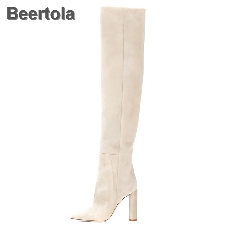 

Women Fashion Boots 11 Cm Round Thick Heel Beige Slip On Overknee Boots Spring Autumn Hot Sock Boots Point Toe Women Shoes Boots