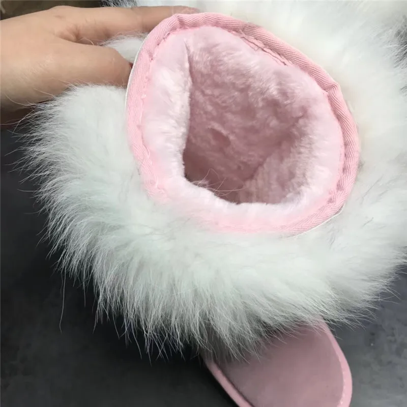 Girl\'s Bling Rhinestone Embellished White Fox Fur Snow Boots Girl\'s Winter Pink Suede Flat Warm Plush Crystal Ankle Boots Shoes