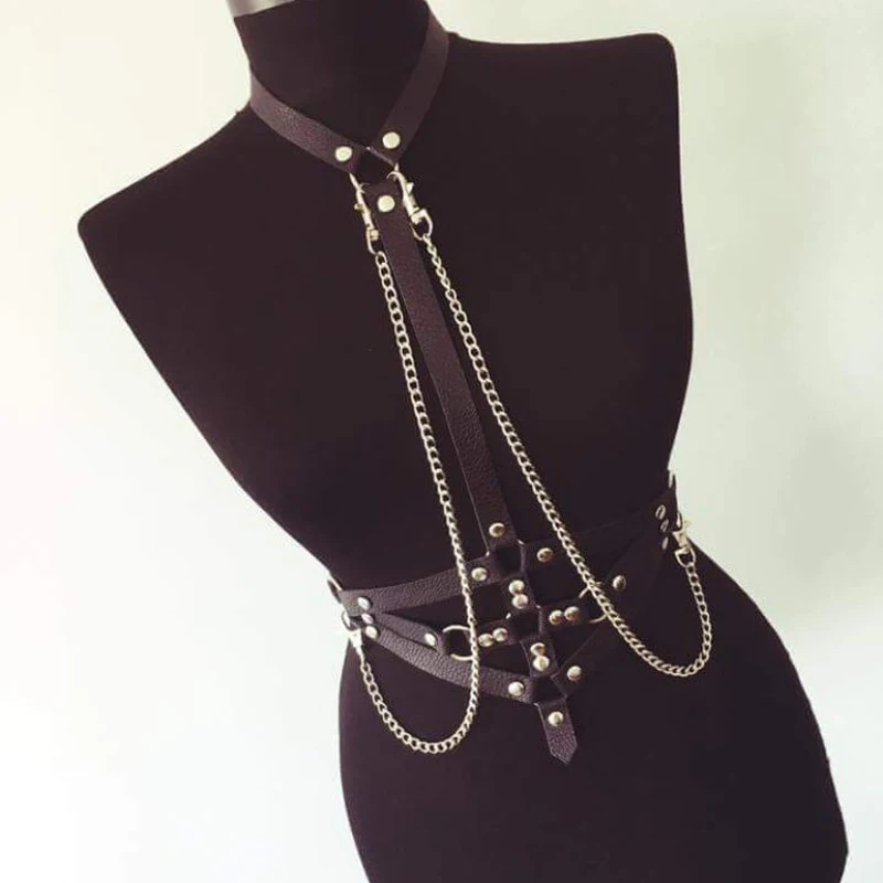 Handmade Punk Gothic Leather Chain Harness Halterneck Body Waist Belt Straps Cosplay Fetish Belt