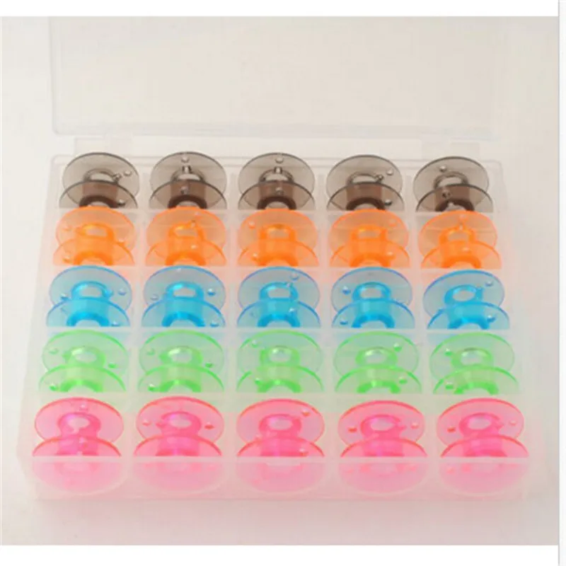 A Box of 25pc Coloured Plastic Bobbins in One Plastic Bobbin Case Box Colorful Plastic Sewing Machine Bobbins AA7242