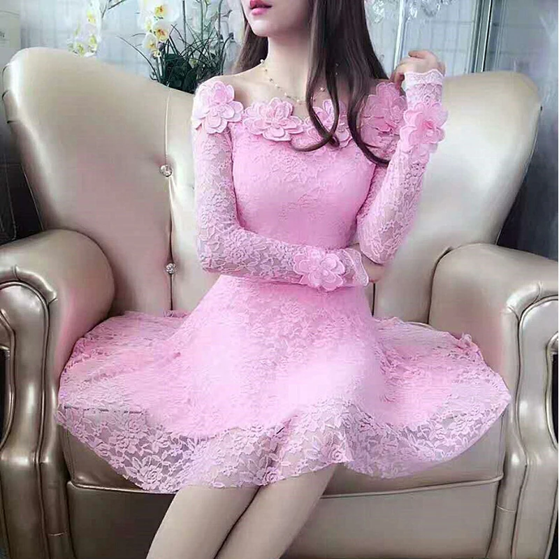 

2022 Spring Autumn Female Sweet Mini Sexy Long Sleeves Lace Dress Slash Neck A Line Dress Ladies Latest Fashion Party Dresses