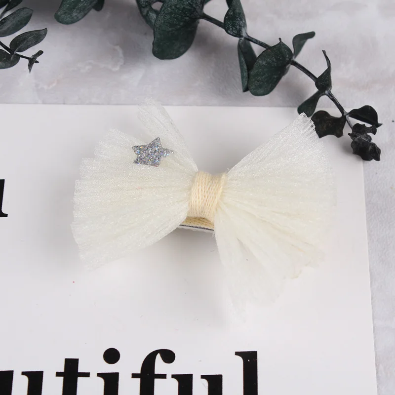 Boutique 20pcs Fashion Korean Cute Glitter Star Gauze Hair Bow Hairpins Solid Lace Bowknot Hair Clips Princess Hair Accessories