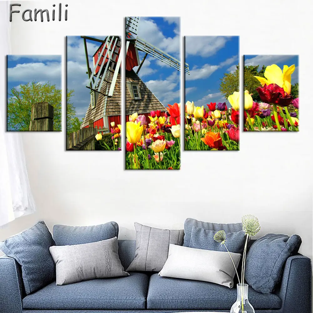 Nordic Decoration Modern Decorative Home Decor Picture 5 Piece Large Netherlands City Landscape Canvas Painting Pictures Modular