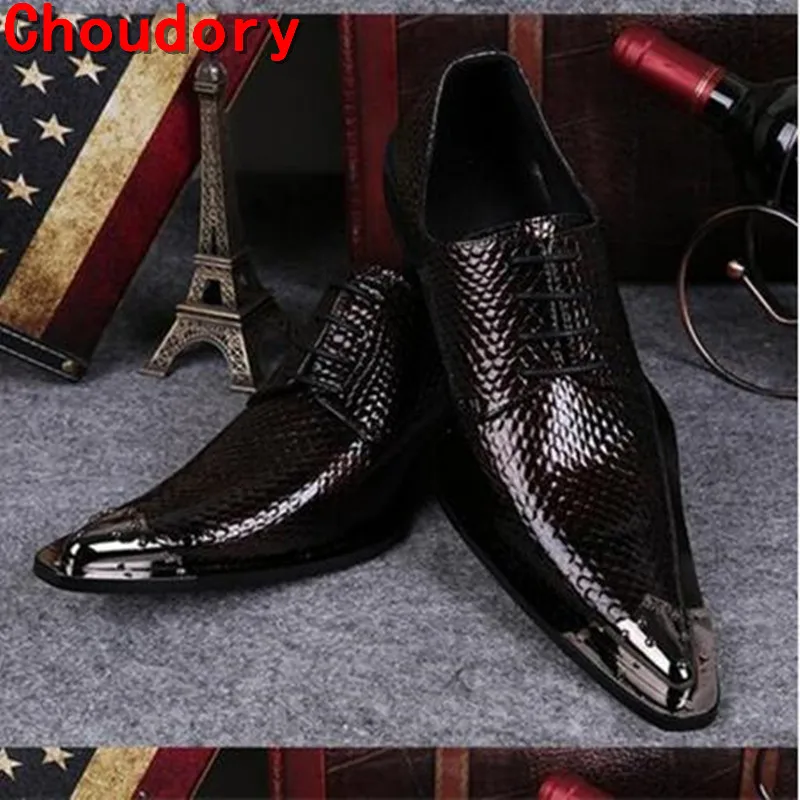 2017 luxury brand Italian Shoes Men Genuine Leather Dress Shoes For Men Metal Pointed Toe Men Wedding Shoes Flats Size46