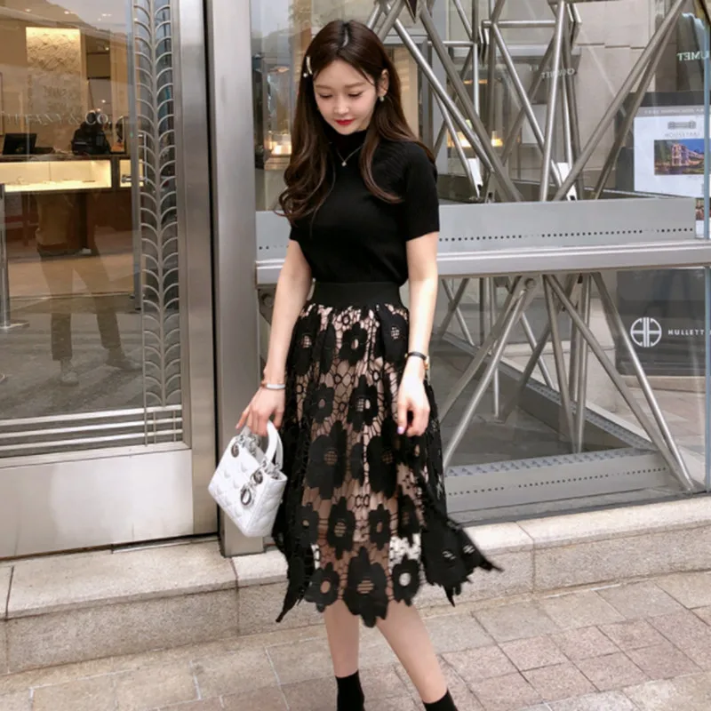 Fashion Elegant O-neck Knitted Tops and Lace Skirt 2 piece set Floral Crochet Hollow Ball Gown Knee-length Skirt Sets 3 colors