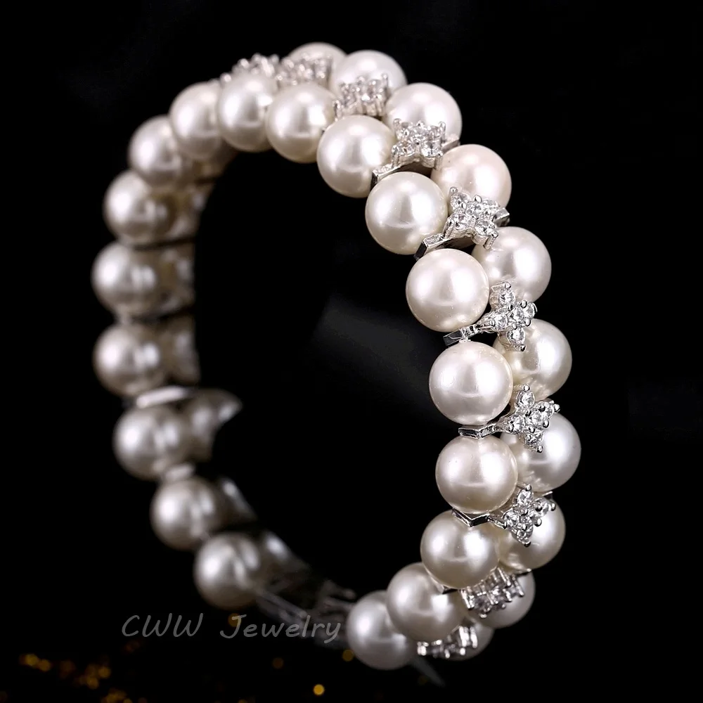 CWWZircons Handmade Wedding Pearl Jewelry Double Rows Cubic Zirconia Setting Big Bridal Bracelets Bangle for Women CB157