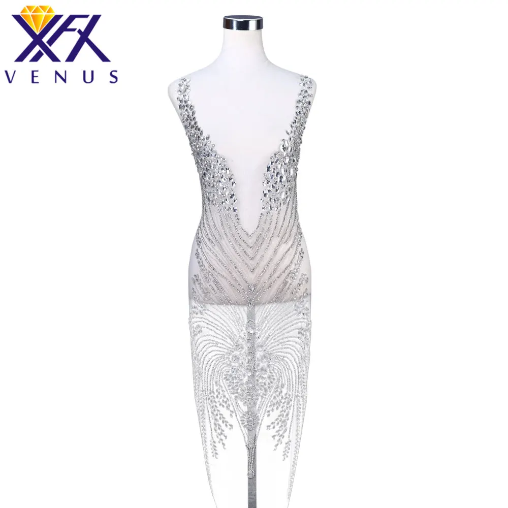 XFX VENUS 1 Set Handmade Crystal Wedding Long Patches Rhinestone Beaded Appliqued Patch Fabric Wedding Ball Gown Accessories