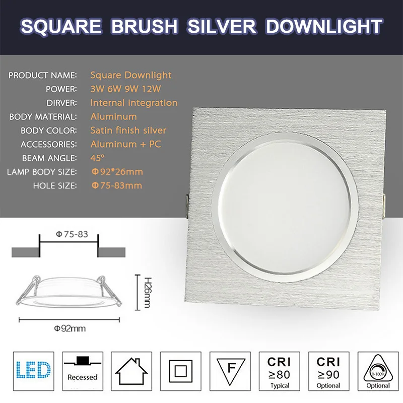 Oprawy LED typu Downlight Square Brush srebrne 3W 6W 9W 12W AC220V 230V Lampa sufitowa LED Down Light do oświetlenia wewnętrznego kuchni/domu/biura