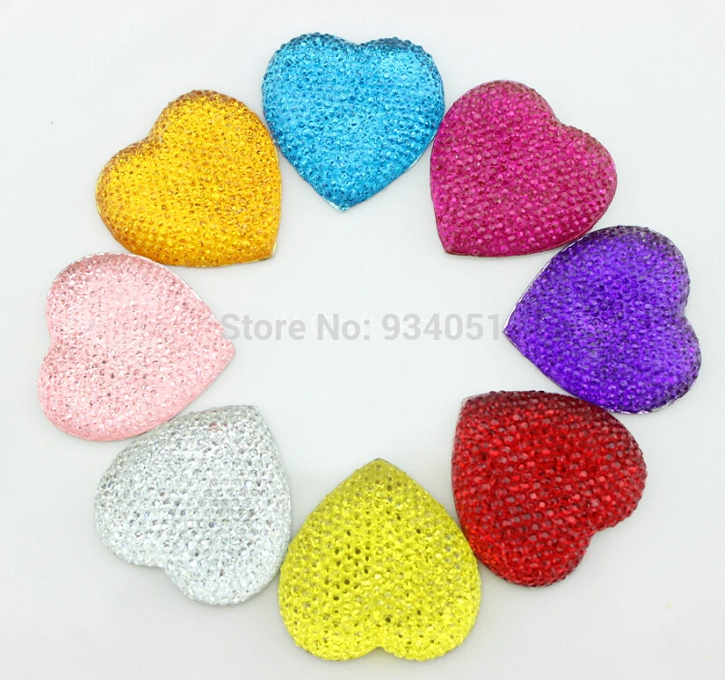 Set of 50pcs Large Glitter Bling Resin Heart Shaped Cabochon 35mm Flatback Bling Resin Rhinestone Cabochon Free Shipping