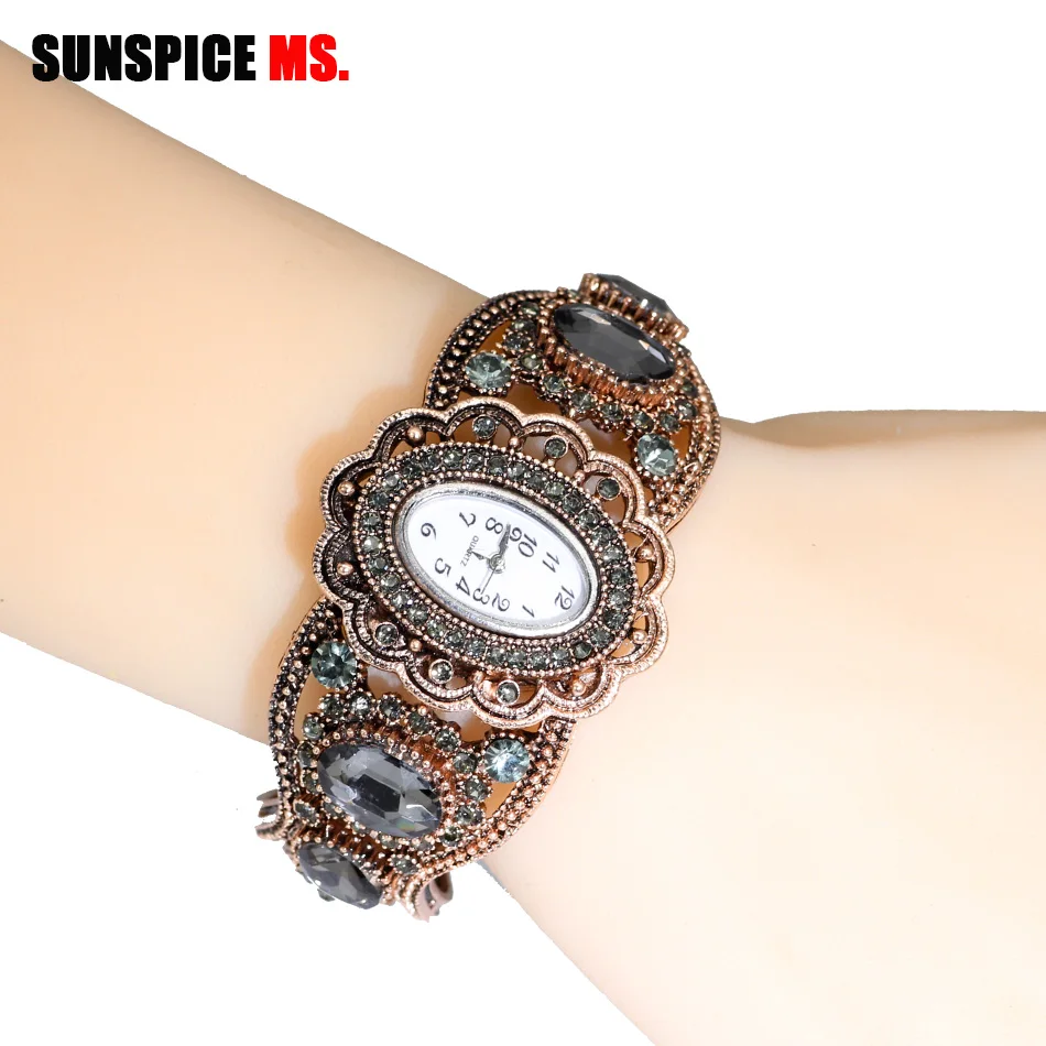 SUNSPICE-MS Quartz Wristwatch Retro Vintage Bangle Cuff Watch Women Antique Gold Color Hollow Flower Indian Jewelry Gray Crystal