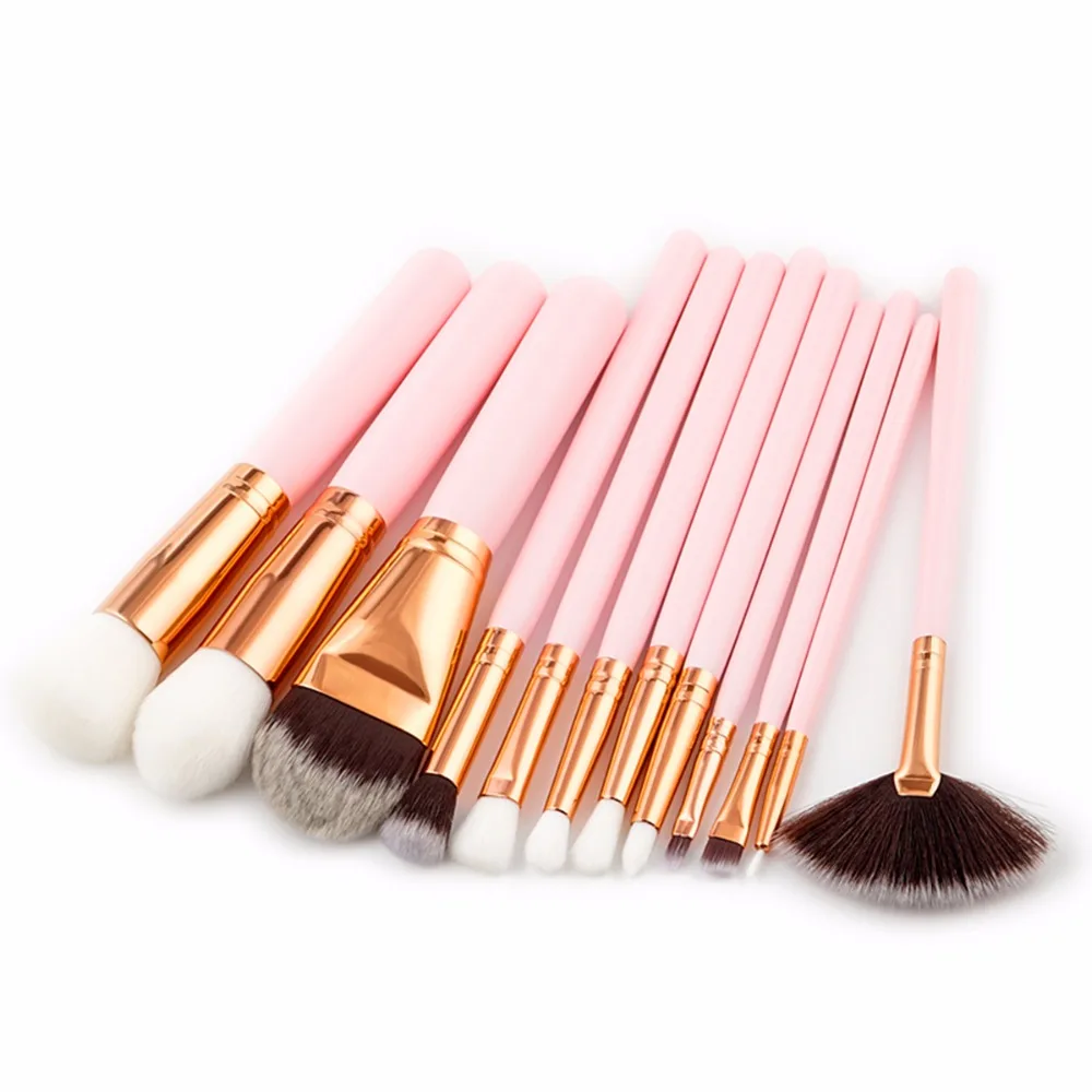 Wood Handle Pink Makeup Bruhses 12pcs Multifunction Beauty Makeup Blending Powder Foundation Eyebrow Eye Contour Brush Kit