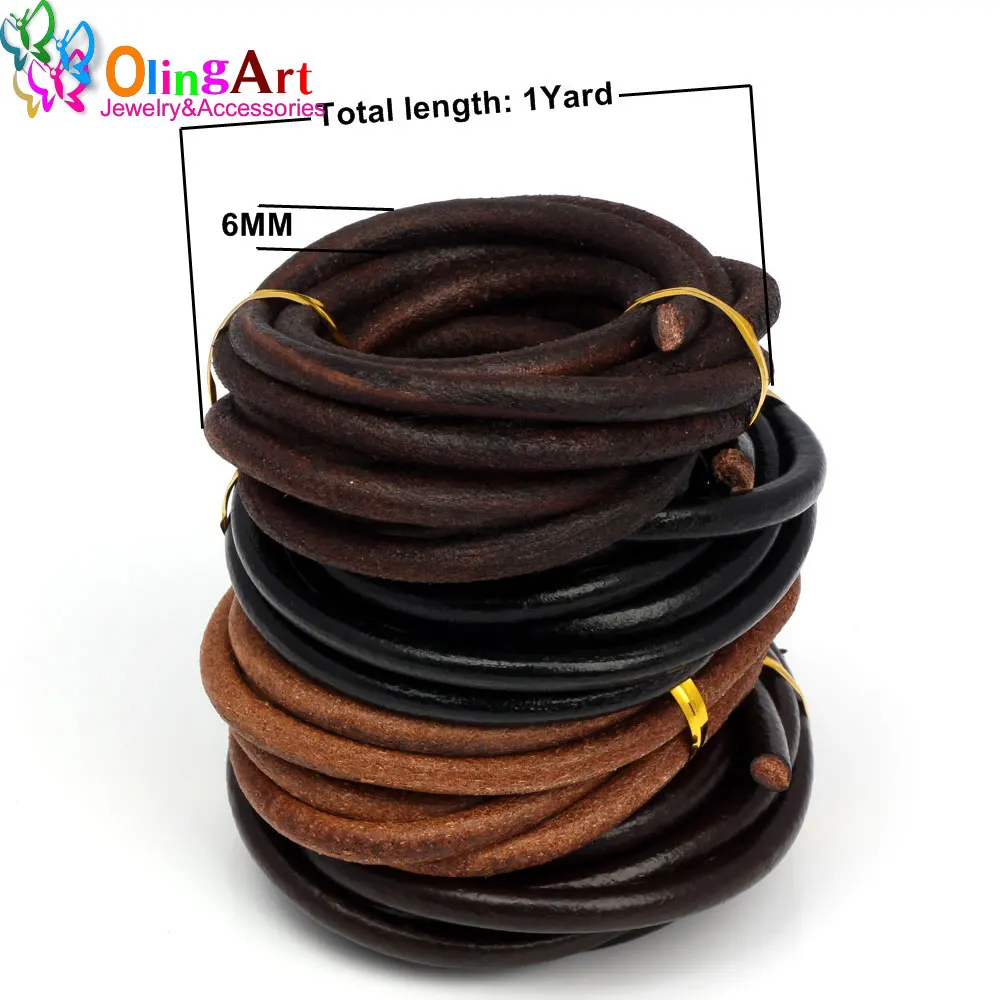 OlingArt 6MM 1Yard okrągły skórzany sznur/drut DIY brązowy/czarny/skóra/glazura kobiety kolczyki bransoletka choker naszyjnik tworzenia biżuterii