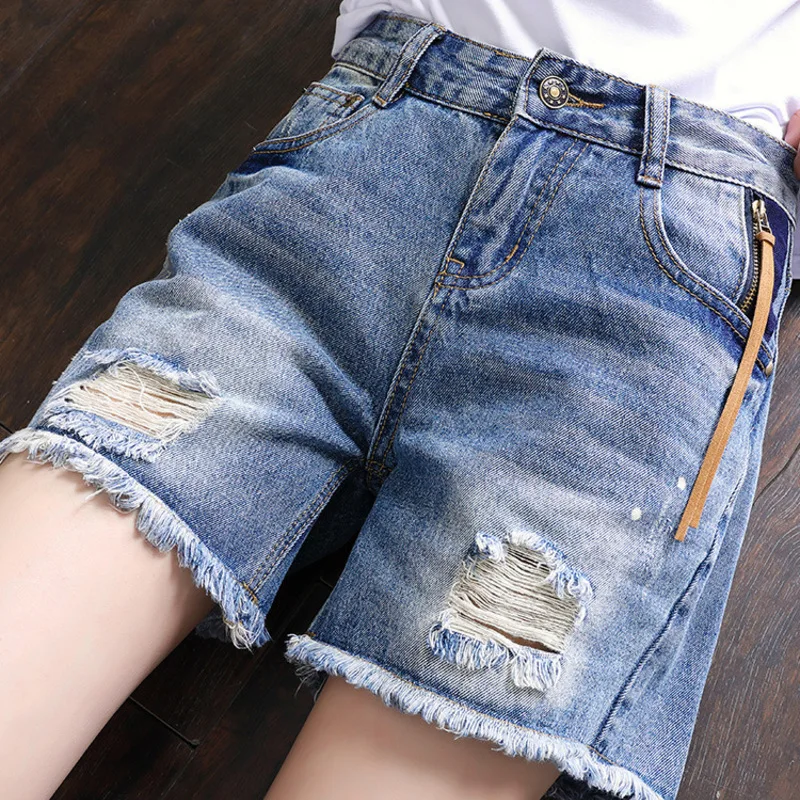 

jeans blue cotton shorts high waist women clothes 2019 mesh sexy fem me plus size mini Loose legged Hot washed hole